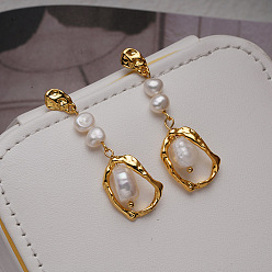 E11271-gold Natural pearl earrings, feminine, high-end, long earrings, 925 silver needle retro earrings