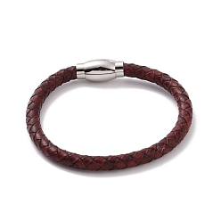 Coconut Brown Leather Braided Round Cord Bracelet with 304 Stainless Steel Clasp for Women, Coconut Brown, 8 inch(20.3cm)