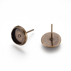 Antique Bronze Brass Stud Earring Settings, Antique Bronze, Tray: 8mm, 13.5x10mm, Pin: 0.7mm