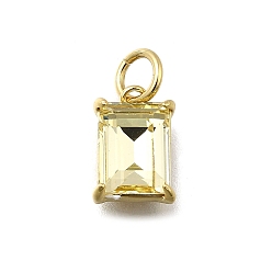 Лимонный шифон Прямоугольный латунный со стеклянными подвесками, одиночные каменные прелести, без кадмия и без свинца, долговечный, стойки покрытие, реальный 18 k позолоченный, лимонный шифон, 10.5x7x4.5 мм, отверстие : 3.5 мм