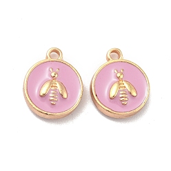 Pearl Pink Alloy Enamel Charms, Light Gold, Flat Round with Bee, Pearl Pink, 14~14.5x11.5x3.5mm, Hole: 1.6mm