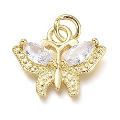 Clear Brass Micro Pave Cubic Zirconia Pendants, with Jump Rings, Butterfly, Real 18K Gold Plated, Clear, 16x19x4mm, Hole: 4.6mm