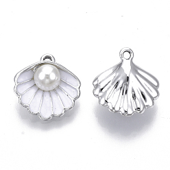 White Alloy Pendants, with ABS Plastic Imitation Pearl & Enamel, Shell with Pearl, Platinum, White, 16x15x7mm, Hole: 1.5mm
