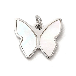 Stainless Steel Color 304 Stainless Steel with Shell Butterfly Charms, Stainless Steel Color, 8.6x10x0.9mm, Hole: 1.8mm