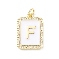 Letter F Brass Enamel Micro Pave Clear Cubic Zirconia Pendants, with Jump Ring, Real 18K Gold Plated, Rectangle Charm, Letter F, 20x13.5x2mm, Hole: 3.4mm