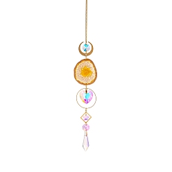 Gold Nuggets Natural Agate Slice Pendant Decorations, Hanging Suncatchers, with Iron Findings, Glass Charms, for Home Decoration, Moon & Heart & Bullet, Gold, 43~45cm
