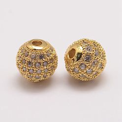 Golden Brass Micro Pave Cubic Zirconia Beads, Round, Golden, 8.5x8mm, Hole: 1.5mm