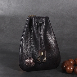 Black Leather Pouches, Coin Pouch, Drawstring Bag for Men, Black, 13x10.5cm