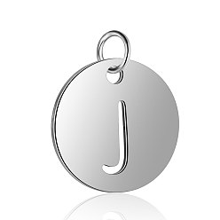 Letter J 304 Stainless Steel Charms, Flat Round with Letter, Stainless Steel Color, Letter.J, 12x1mm, Hole: 2.5mm