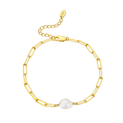 Real 14K Gold Plated Natural Freshwater Pearls Bead Link Bracelets, with Adjustable 925 Sterling Silver Paperchip Chain Bracelets for Women, with S925 Stamp, Real 14K Gold Plated, 7-1/8 inch(18cm)