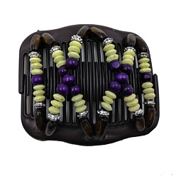 Indigo Plastic Hair Bun Maker, Stretch Double Hair Comb, with Wood Beads and Metal Findings, Indigo, 75x105mm