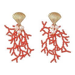 Red Glass Seed Beaded Stud Earrings for Women, Coral, with Natural Cultured Freshwater Pearl, Brass Stud Earrings for Women, Golden, Red, 69x18mm