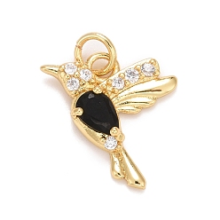 Black Cubic Zirconia Pendants, with Rack Plating Real 18K Gold Plated Brass, with Jump Rings, Long-Lasting Plated, Lead Free & Cadmium Free & Nickel Free, Bird, Black, 16x15x3.5mm, Jump Ring: 5x0.8mm, 3.4mm Inner Diameter