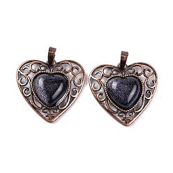 Goldstone Synthetic Blue Goldstone Peach Love Heart Pendants, Rack Plating Brass Hollow Heart Charms, Cadmium Free & Lead Free, Red Copper, 29.5x30.5x7.5mm, Hole: 7.5x5mm