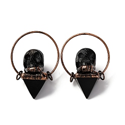 Black Onyx Большой кулон в форме черепа из натурального черного оникса (окрашенного и нагретого), с кольца прыжок из латуни, Красная медь, 55~57x40~41x26~27 мм, отверстие : 6.5 мм