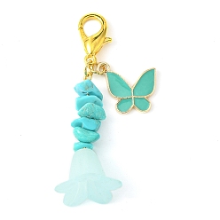 Pale Turquoise Alloy Enamel Butterfly & Acrylic Flower Pendant Decoration, Synthetic Turquoise Chips and Lobster Claw Clasps Charm, Pale Turquoise, 52~53mm