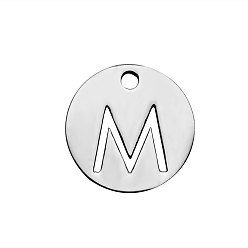 Letter M 201 Stainless Steel Charms, Flat Round with Letter, Stainless Steel Color, Letter.M, 12x1mm, Hole: 1.5mm