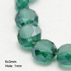Dark Cyan Electroplate Glass Beads, Half Plated, Faceted, Frosted, Flat Round, Dark Cyan, 6x3mm, Hole: 1mm