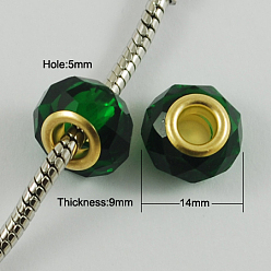 Dark Green Glass European Beads, with Golden Plated Brass Double Cores, Faceted, Rondelle, Dark Green, 14x9mm, Hole: 5mm
