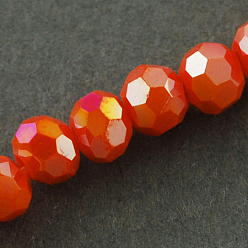 Orange Red Electroplate Opaque Glass Beads Strands, AB Color Plated, Faceted(32 Facets), Round, Orange Red, 4mm, Hole: 0.5mm, about 100pcs/strand, 14.2 inch