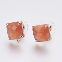 Coral Faceted Glass Stud Earring Findings, with Loop, Light Gold Plated Brass Findings, Square, Coral, 11x10x5mm, Hole: 1mm, Pin: 0.8mm