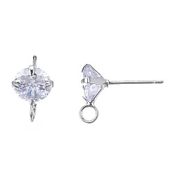 Real Platinum Plated Brass Micro Clear Cubic Zirconia Stud Earring Findings, with Loop, Nickel Free, Real Platinum Plated, 12x8mm, Hole: 2mm, Pin: 0.7mm