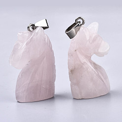 Rose Quartz Carved Natural Rose Quartz Pendants, with Stainless Steel Bails, Unicorn, Stainless Steel Color, 38~41x11~14x24~25mm, Hole: 9x4mm