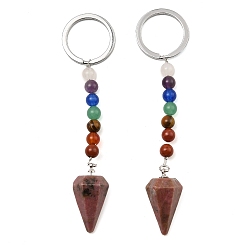 Rhodonite Natural Rhodonite Cone Pendant Keychain, with 7 Chakra Gemstone Beads and Platinum Tone Brass Findings, 108mm