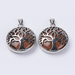 Goldstone Synthetic Goldstone Pendants, with Platinum Plated Brass Findings, Flat Round with Tree of Life, 31x27x8mm, Hole: 3.5x7mm