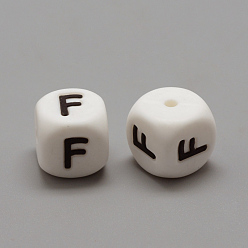 Letter F Food Grade Eco-Friendly Silicone Beads, Chewing Beads For Teethers, DIY Nursing Necklaces Making, Letter Style, Cube, Letter.F, 12x12x12mm, Hole: 2mm