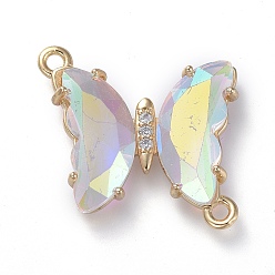 Clear AB Glass Links Connectors, with Brass Micro Pave Cubic Zirconia, Faceted, Butterfly, Light Gold, Clear AB, 20x20x4mm, Hole: 1.5mm