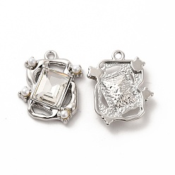 Clear Glass Rectangle Pendants, with ABS Pearl Beaded & Platinum Alloy Finding, Long-Lasting Plated, Cadmium Free & Lead Free, Clear, 21.5x19x5mm, Hole: 1.6mm
