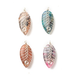 Silver Natural Dragon Veins Agate Pendants, with Eco-Friendly Copper Wire Wrapped, Teardrop, Mixed Color, Silver, 34~35x16x10mm, Hole: 3~3.8mm