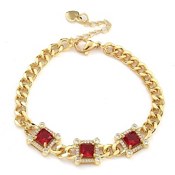 Красный Латунь микро проложить кубические циркониевые браслеты, со стеклом, реальный 18 k позолоченный, квадратный, красные, 7-1/8 дюйм (18.1 см)