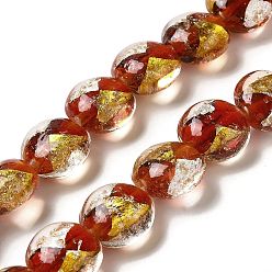 Red Handmade Gold Sand and Silver Sand Lampwork Flat Round Beads, Red, 14~14.5x8.5~9mm, Hole: 1.6~1.8mm