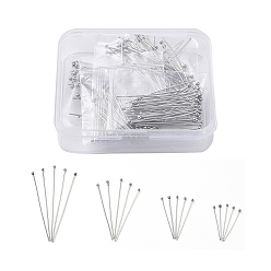 Stainless Steel Color 304 Stainless Steel Head Pins, Ball Head Pins, with Bead Container, Mixed Size, Stainless Steel Color, 25mm/30mm/40mm/50mm, Head: 2mm, about 200pcs/bix
