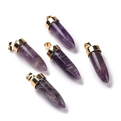 Amethyst Natural Amethyst Pointed Pendants, Cone Charms, with Golden Tone Alloy and Iron Findings, 42.5~46x14~15mm, Hole: 8x6mm
