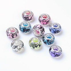 Mixed Color Large Hole Flower Pattern Resin European Beads, with Silver Color Plated Brass Double Cores, Rondelle, Mixed Color, 14x9mm, Hole: 5mm