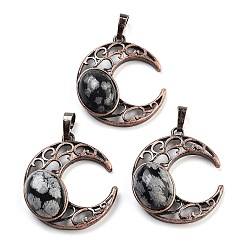 Снежный Обсидиан Естественно снежинка обсидиана подвески, с красной медью, луна, 34x30x9~9.5 мм, отверстие : 5x8 мм