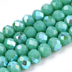 Light Sea Green Electroplate Opaque Solid Color Glass Beads Strands, Half Rainbow Plated, Faceted, Rondelle, Light Sea Green, 6x5mm, Hole: 1mm, about 85~88pcs/strand, 16.1~16.5 inch(41~42cm)