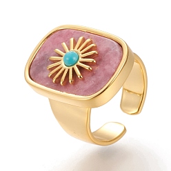 Rhodochrosite Natural Rhodochrosite & Turquoise Cuff Rings, Open Rings, Long-Lasting Plated, Rectangle with Sun, Real 18K Gold Plated, Size 7, Inner Diameter: 17mm