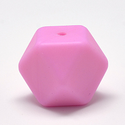Hot Pink Food Grade Eco-Friendly Silicone Beads, Chewing Beads For Teethers, DIY Nursing Necklaces Making, Faceted Cube, Hot Pink, 14x14x14mm, Hole: 2mm