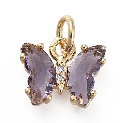 Lilac Brass Micro Pave Clear Cubic Zirconia Pendant, with Glass, Butterfly, Golden, Lilac, 12.5mm