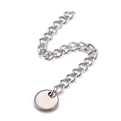Stainless Steel Color 304 Stainless Steel Chain Extender, Curb Chain, with 202 Stainless Steel Charms, Flat Round, Stainless Steel Color, 57~60mm, Link: 3.7x3x0.5mm, Flat Round: 7x1mm