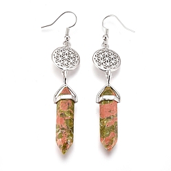 Unakite Pointed Bullet Natural Unakite Dangle Earrings, with Brass Earring Hooks and Flat Round with Flower of Life Links, Platinum, 77mm, Pin: 0.7mm