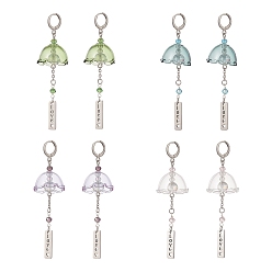 Mixed Color 4 Pairs 4 Color Glass Flower Wind Chime Dangle Leverback Earrings, Word Love Brass Long Drop Earrings for Women, Mixed Color, 78mm, Pin: 0.7mm, 1 Pair/color