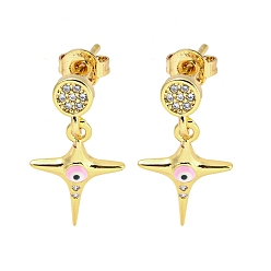 Pink Star Real 18K Gold Plated Brass Dangle Stud Earrings, with Enamel and Cubic Zirconia, Pink, 20x10.5mm