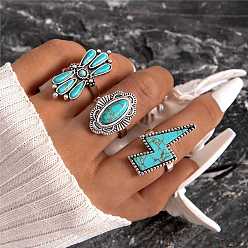 Oval 3Pcs 3 Style Synthetic Turquoise Ring Sets for Women, Alloy Stackable Rings, Mixed Shapes, Oval, Inner Diameter: 15~18mm, 1Pc/style