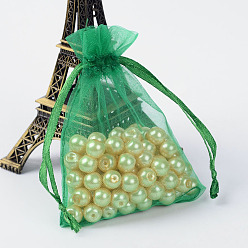 Green Organza Gift Bags with Drawstring, Jewelry Pouches, Wedding Party Christmas Favor Gift Bags, Green, 9x7cm
