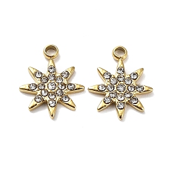 Real 18K Gold Plated Ion Plating(IP) 304 Stainless Steel Charms, with Crystal Rhinestone, Star Charm, Real 18K Gold Plated, 13x10x2mm, Hole: 1.2mm